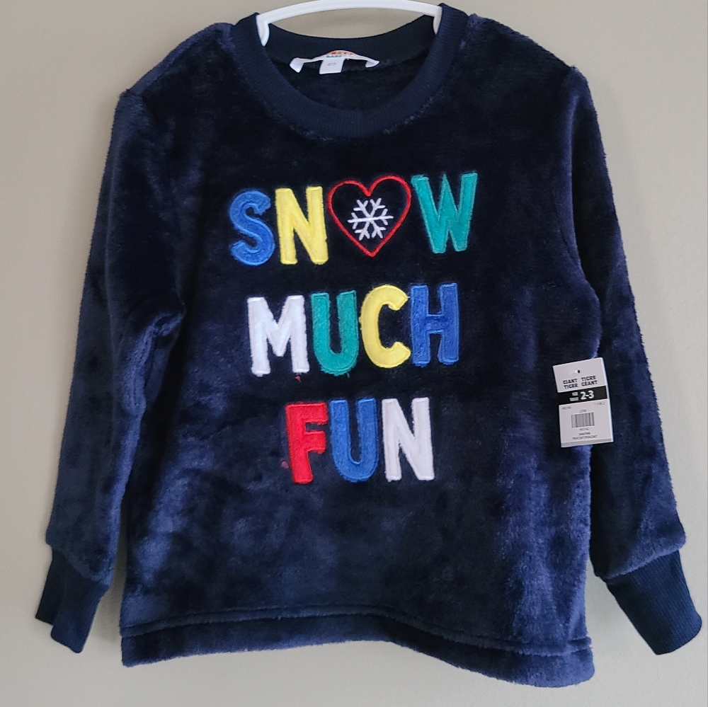 NWT "SNOW MUCH FUN" navy plush long sleeved pullover